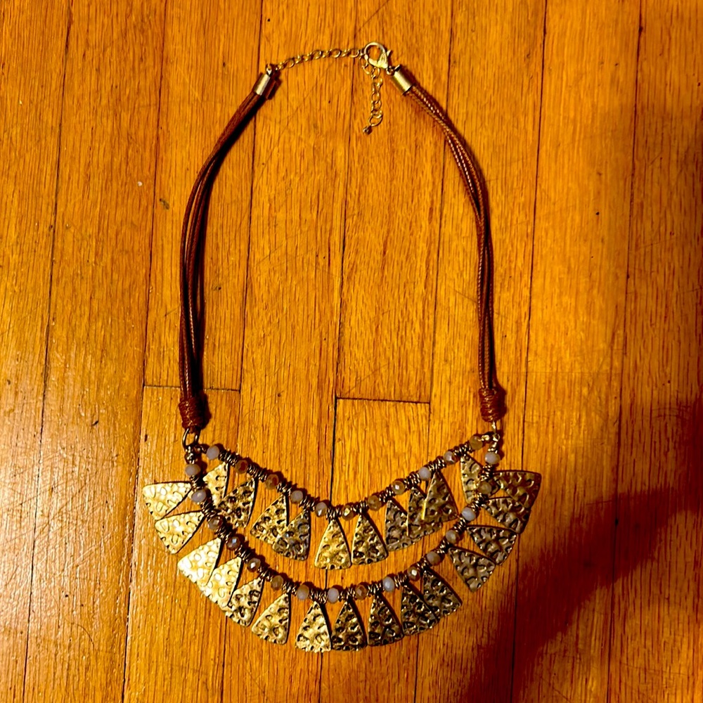 Golden Necklace with Small Beads and Tannish Brown Rope Like Chain